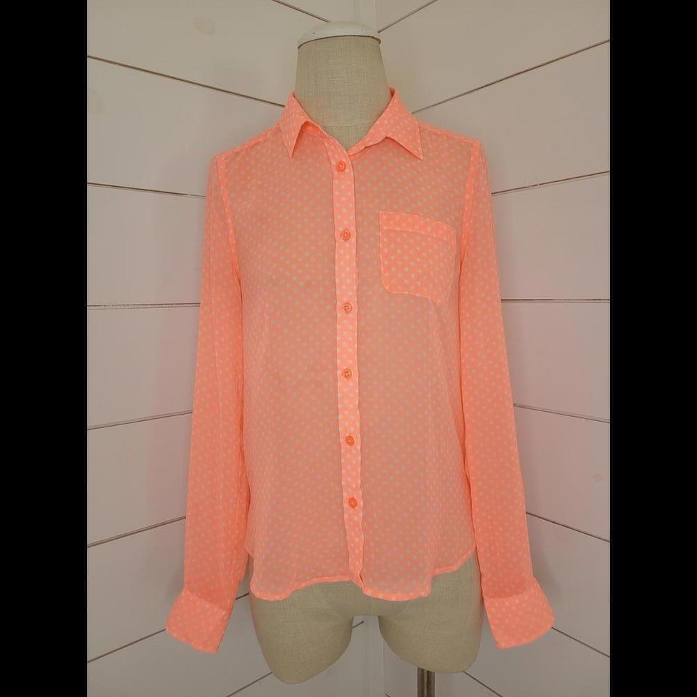 American Eagle Outfitters xs pink and white dotted sheer button down shirt